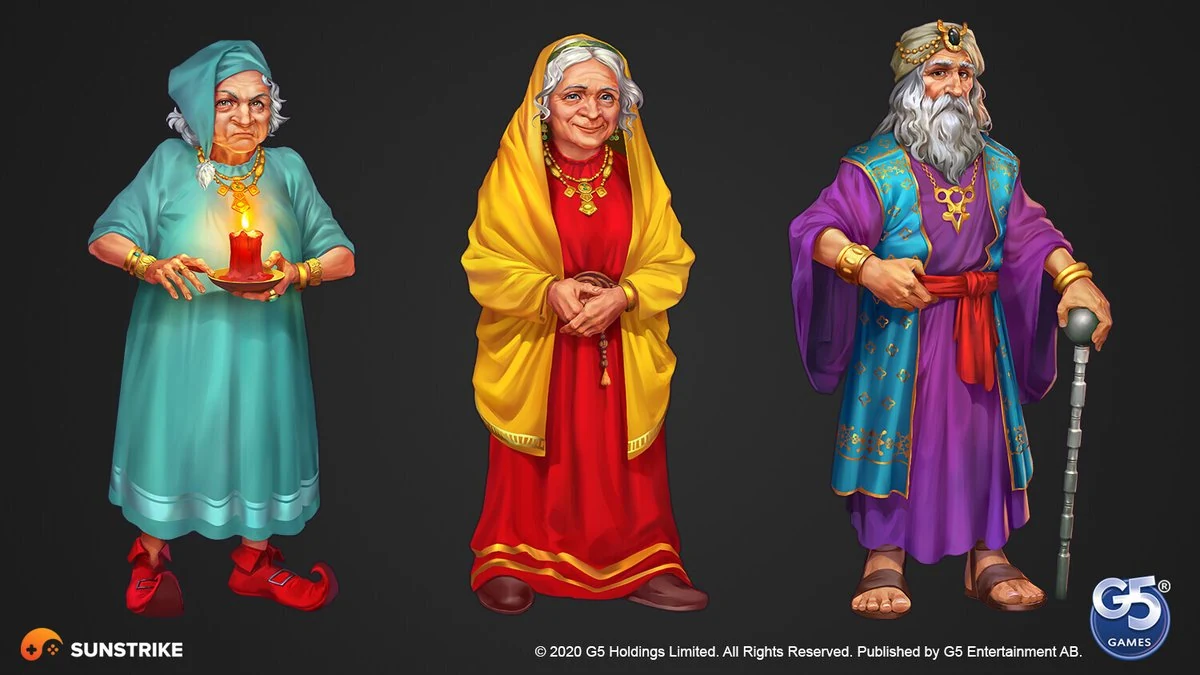 Three stylized hand-painted character concepts for Jewels of Rome - elderly woman in turquoise robe with candle, woman in red dress with yellow shawl, and bearded elder in purple robe with cane