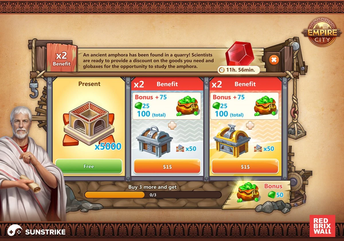 Stylized in-game UI window screens with ornate borders, icons and stat panels designed for a fantasy mobile title.