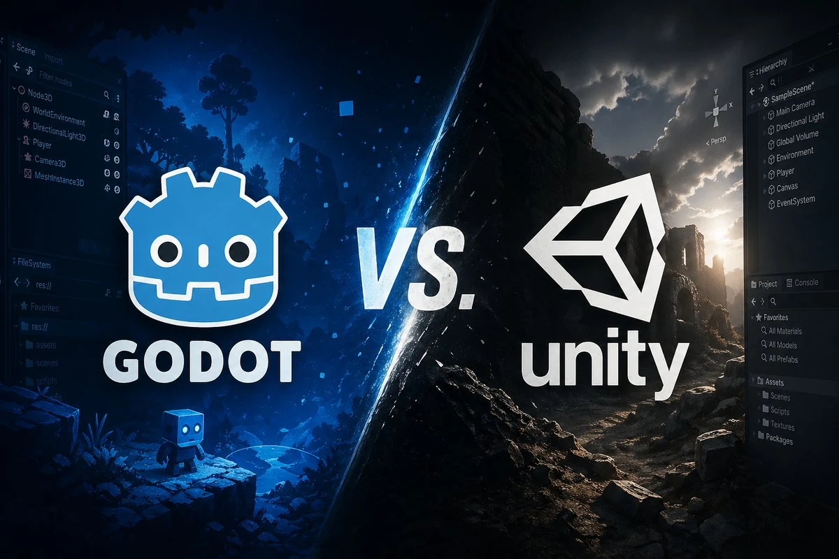 Godot game engine logo next to Unity game engine logo - side-by-side comparison of two popular game development platforms