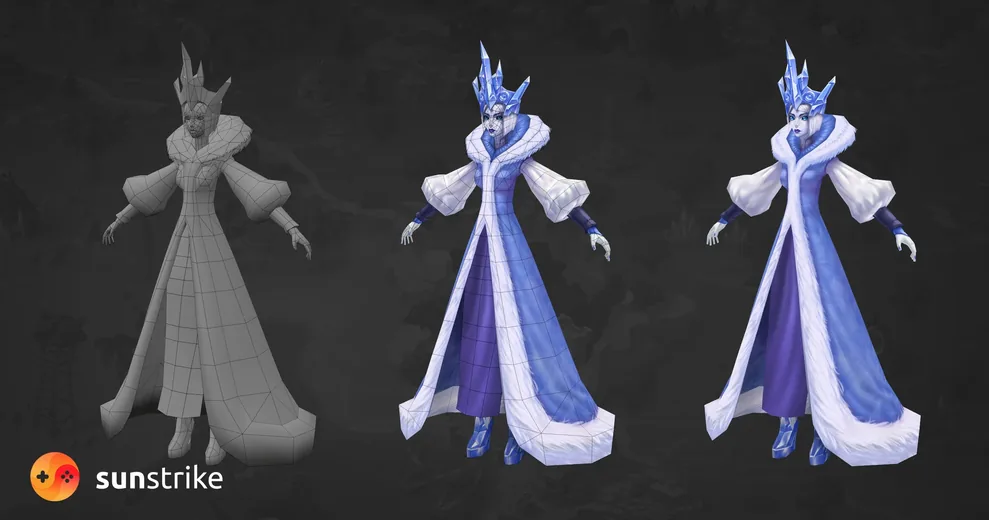 Low-poly ice queen in a fur-trimmed blue robe as wireframe, textured with wire overlay and final view, by SunStrike Studios