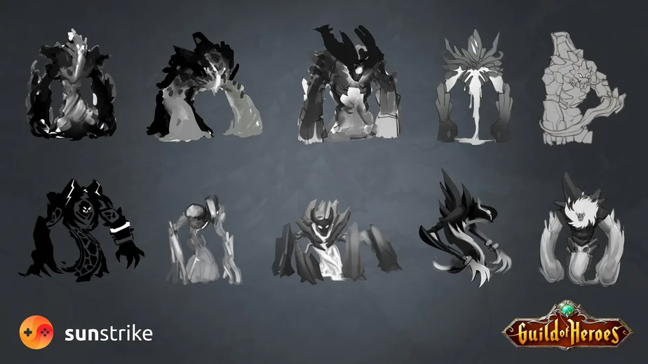 Ten grayscale silhouette thumbnails of a fire elemental for BIT.GAMES' Guild of Heroes, concept art by SunStrike Studios