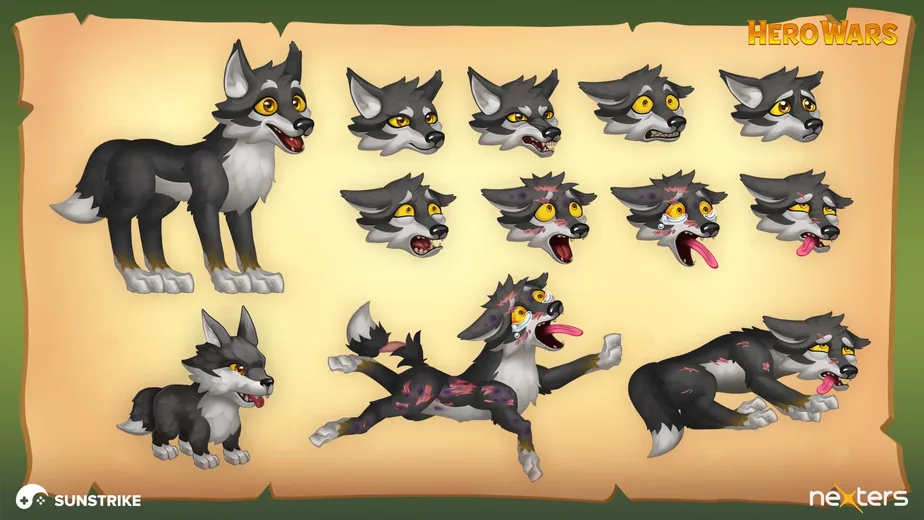 Grey wolf character sheet for Nexters' Hero Wars: model pose, eight expressions and two action poses, by SunStrike Studios