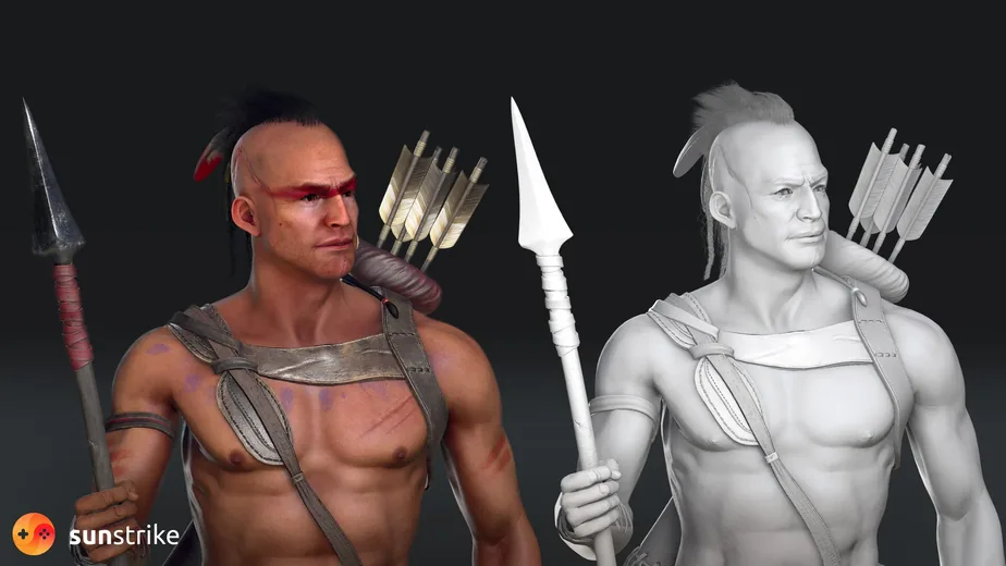 Textured 3D warrior with a spear and red face paint beside the same untextured grey model, 3D character by SunStrike Studios