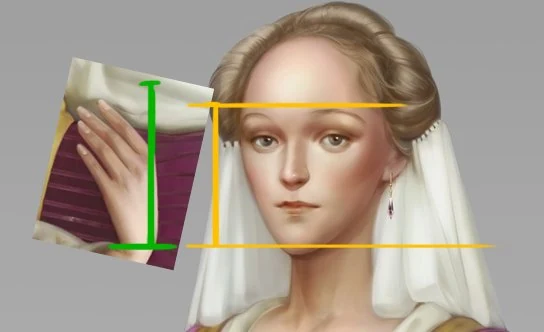 Overlay diagram with red guide lines indicating where the arms and hands should end relative to the figure's hips and thighs