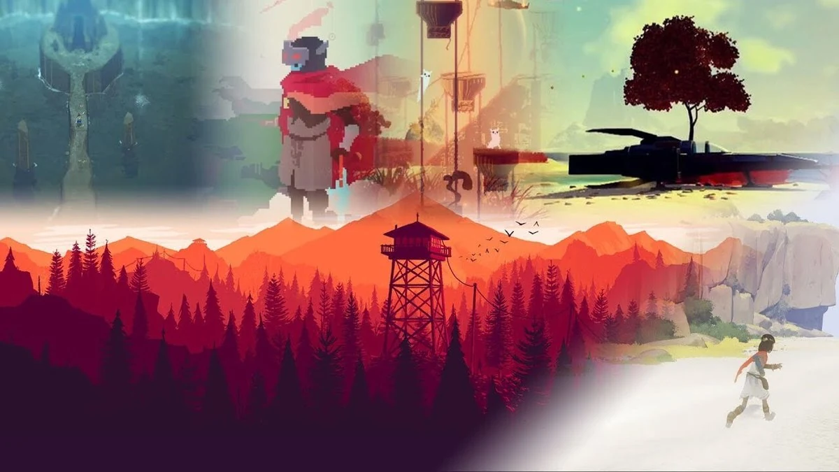 Collage of indie game art - Hyper Light Drifter pixel art, Firewatch crimson forest with watchtower, RiME desert runner stylized 3D