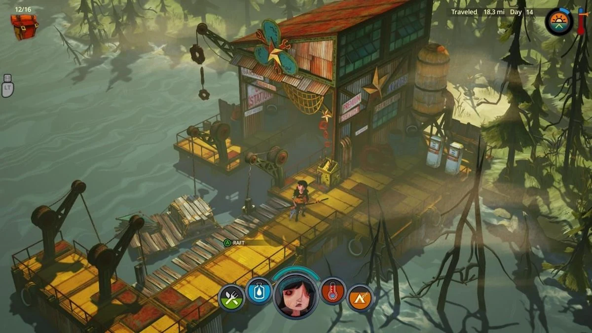 The Flame in the Flood gameplay screenshot of a stylized 2D river survival scene with raft, ramshackle gas station, and HUD