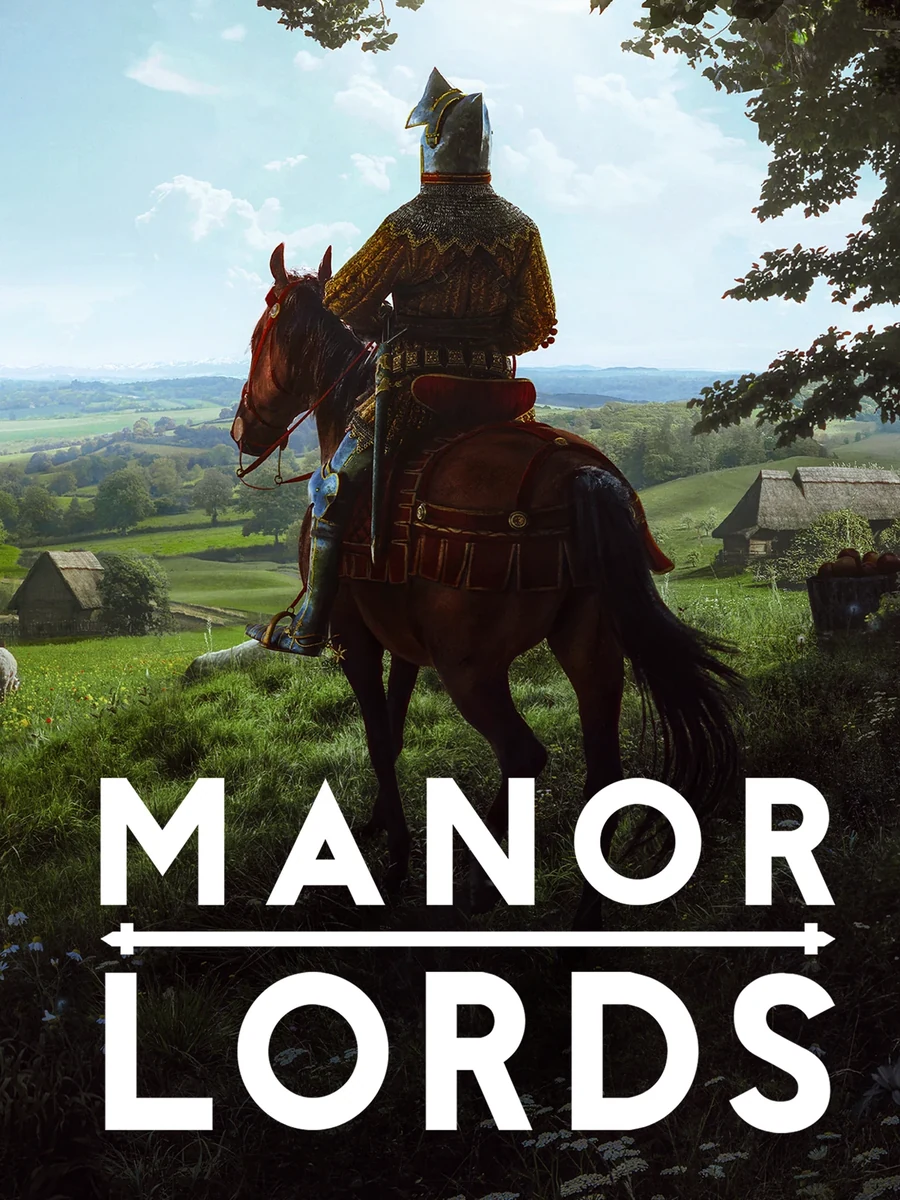 Manor Lords cover art of a medieval knight on horseback overlooking thatched-roof village and rolling green hills with logo