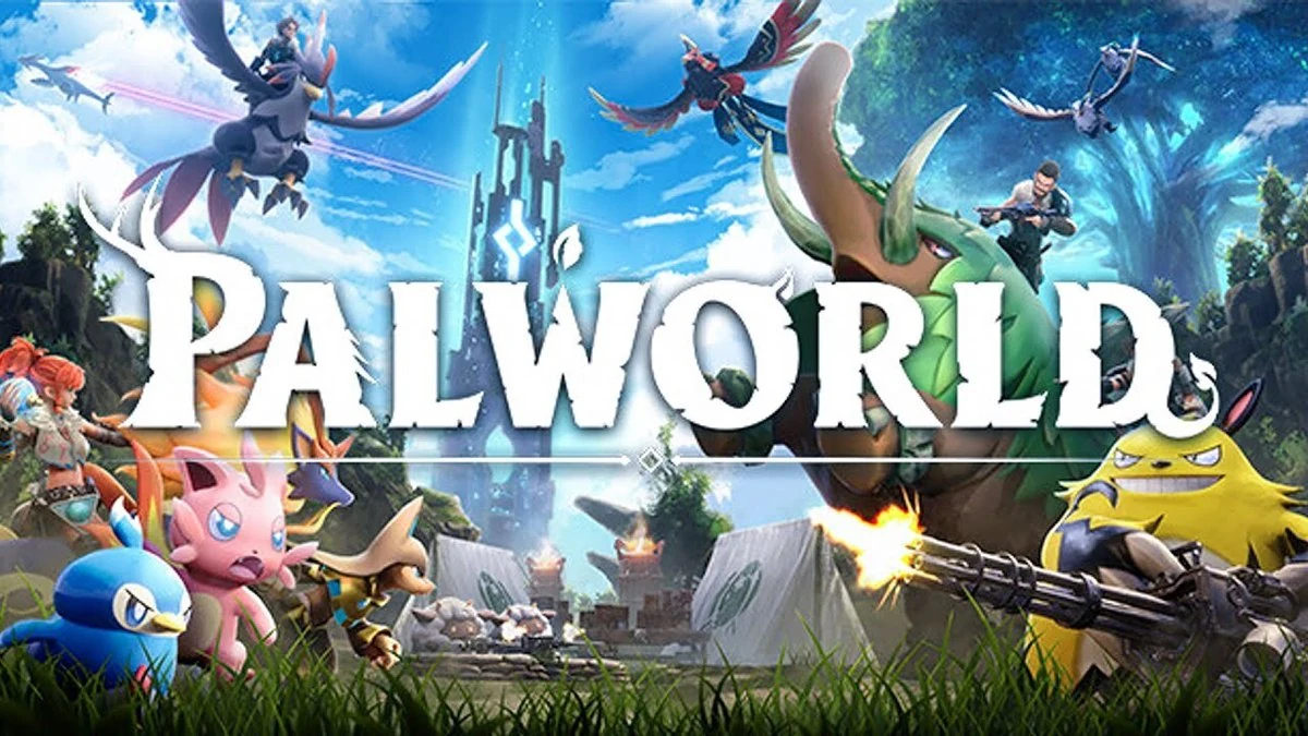 Palworld key art collage of cute creature companions, armed humans, and a fortress under blue skies with the bold game logo