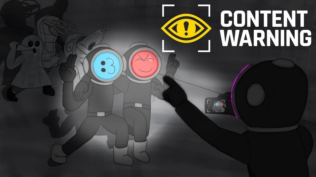 Content Warning key art with two divers in spacesuit-like helmets filming a black creature in a flashlight beam, horror tone