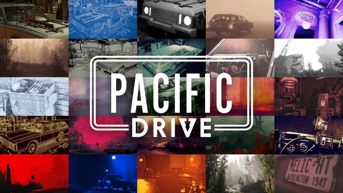 Pacific Drive cover art mosaic of station wagon shots, neon road signs, and Pacific Northwest scenery with bold game logo