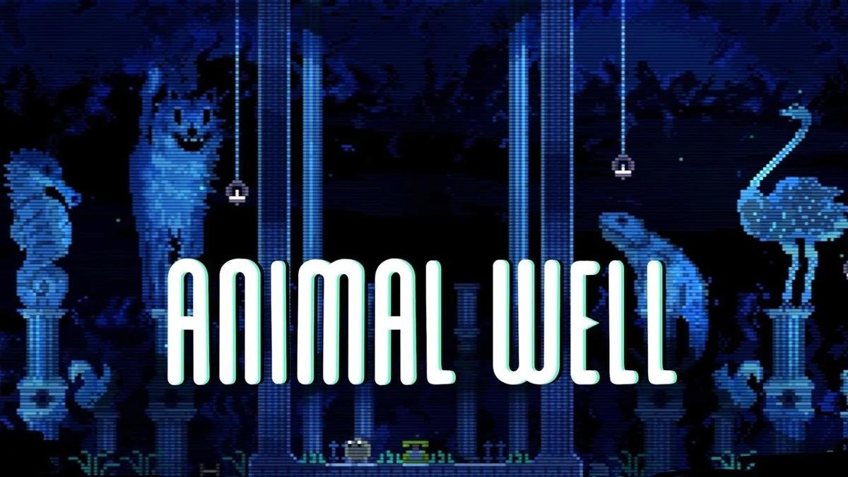 ANIMAL WELL pixel-art Metroidvania scene with glowing blue cat, ostrich, and seahorse statues in a vertical shrine corridor