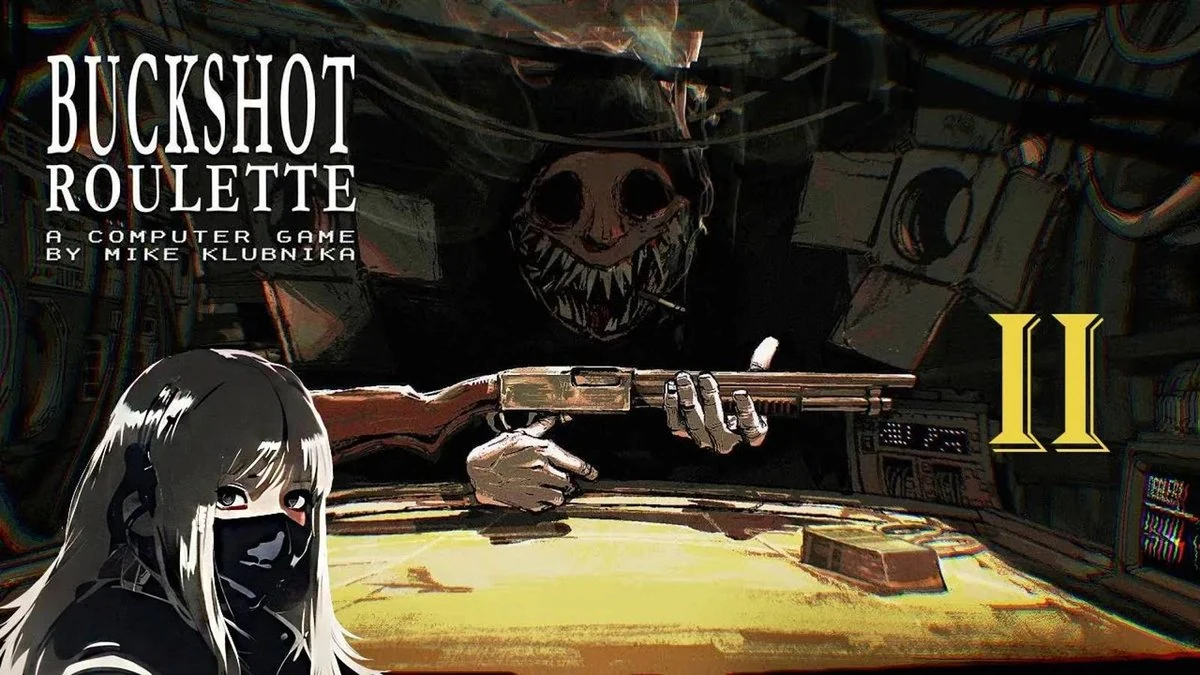 Buckshot Roulette II promo art - skeletal grin behind a shotgun across a metal table, anime girl in mask, horror indie game