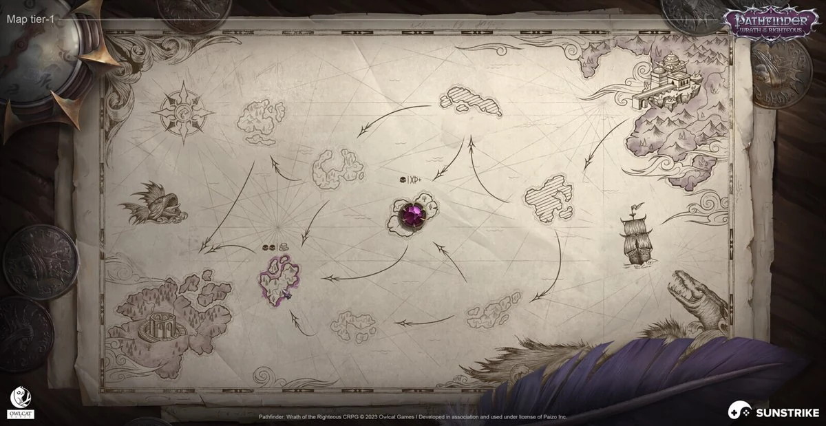 Pathfinder: Wrath of the Righteous world map tier with hand-drawn islands, compass rose, gemstone marker, and feather quill