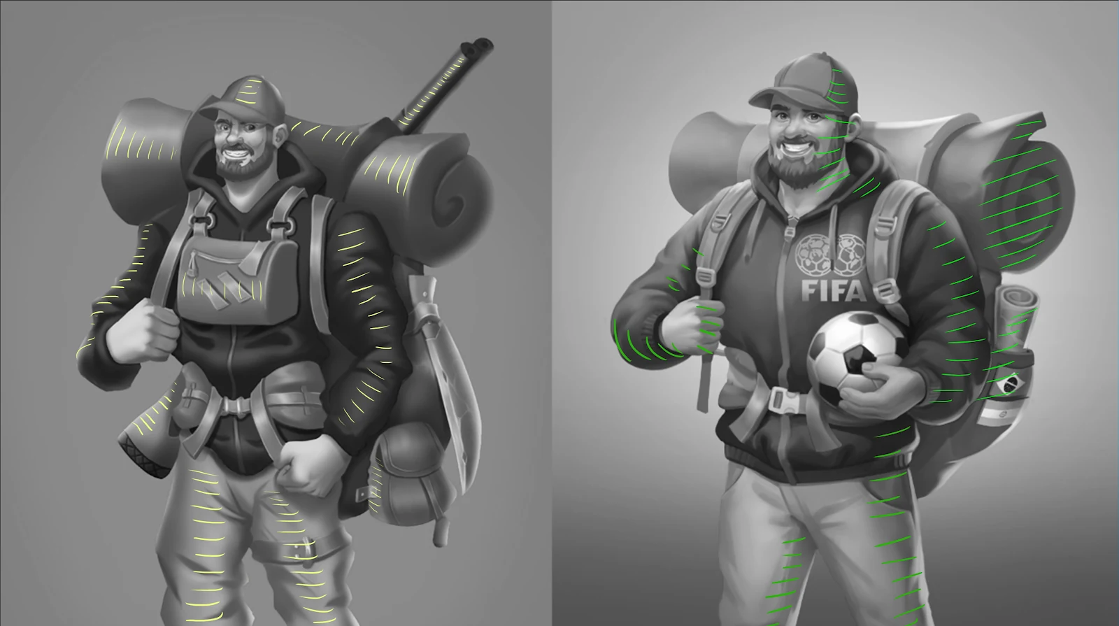Схема со штрихами, показывающая разнонаправленные источники света на персонаже охотника