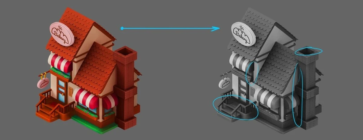 Side-by-side comparison of the bakery house in full color and converted to grayscale, showing how dark areas merge and details become hard to read in black and white