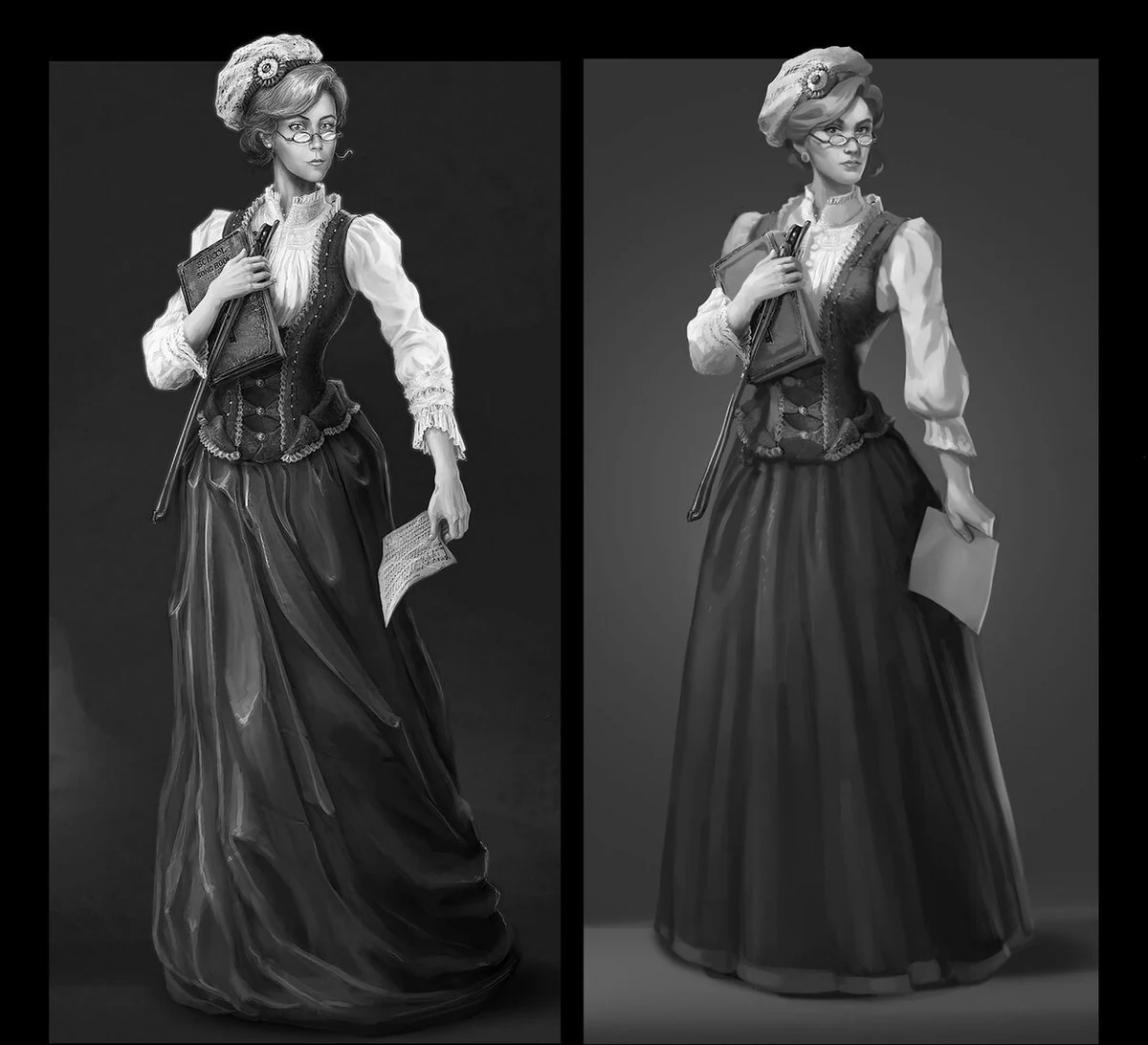 Black-and-white version of the painting revealing uneven tonal values and figure-background separation issues.
