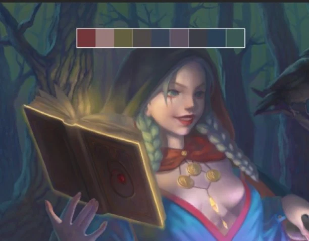 Color value test of the witch illustration showing muted, desaturated tones that lack contrast and pop