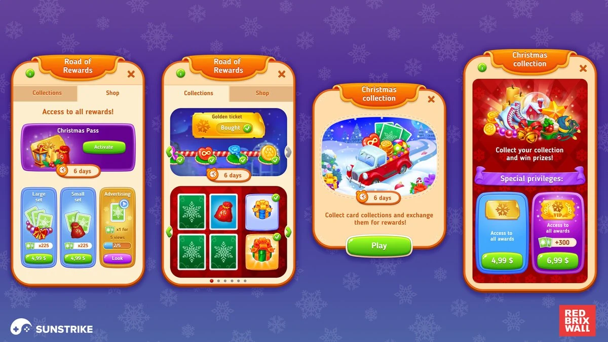 Christmas-themed mobile UI screens for Park Town - Road of Rewards collections shop, gift box puzzle and prize collection windows