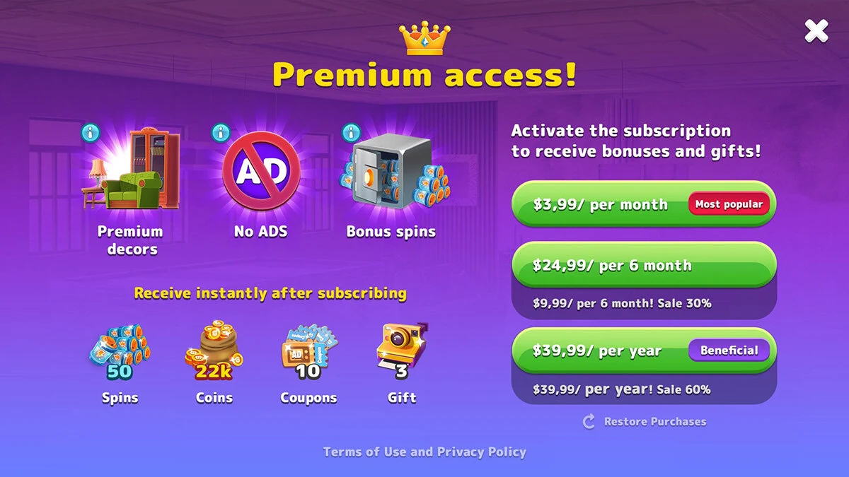 Premium access subscription screen with three pricing tiers, premium decor and no-ads icons, bonus spins and instant-reward bundle