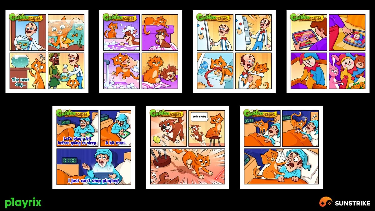 Comic-strip storyboards for Gardenscapes mobile ads featuring grandpa and cat sleeping, playing and arguing in colorful panels