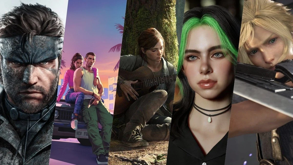 Collage of five mobile and console game character portraits in different art styles, from realistic 3D heroes to stylized illustrative figures and a green-haired character