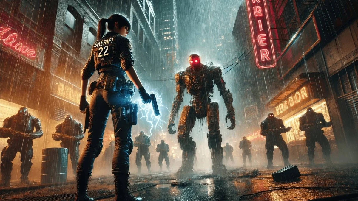 Cinematic mobile game scene of a female sheriff in a rainy neon-lit alley aiming a pistol at a hulking robotic enemy with red glowing eyes