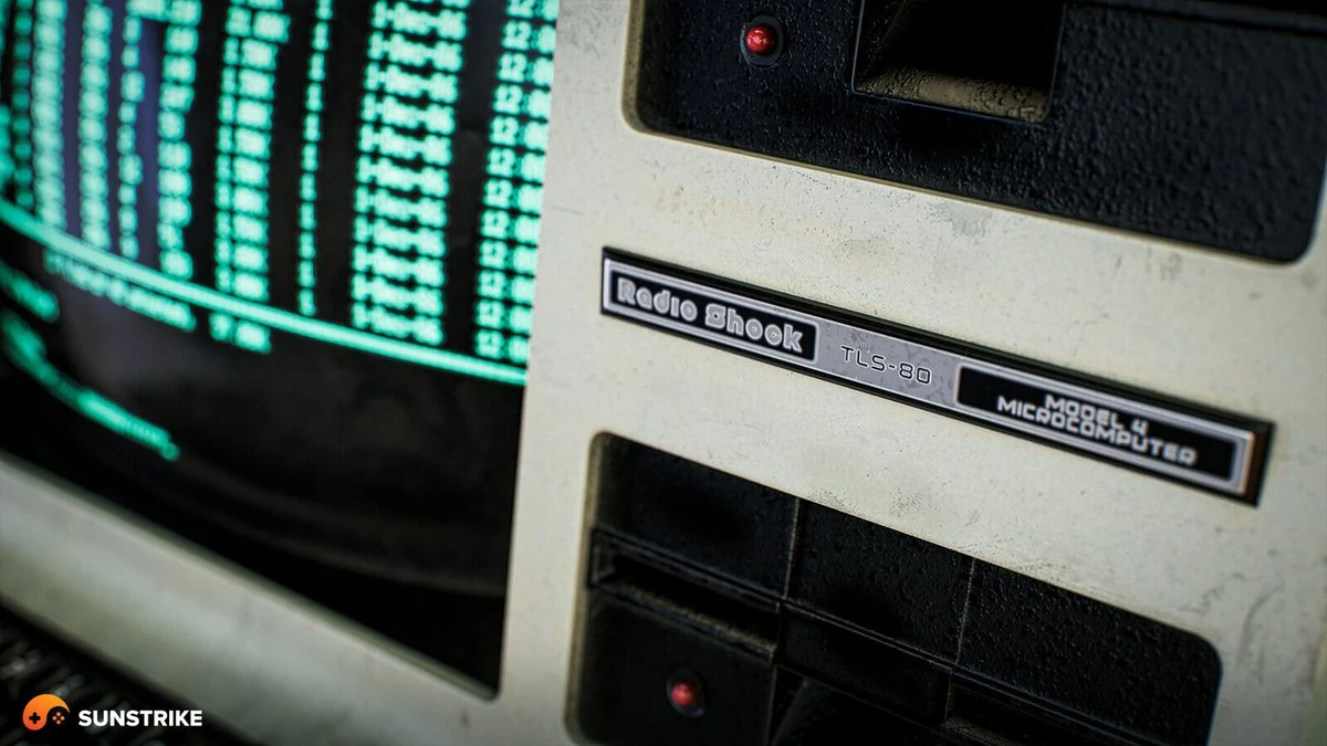Photorealistic 3D model of a vintage Radio Shack TRS-80 Model 4 microcomputer with a glowing green CRT terminal screen - 3D game art by SunStrike Studios