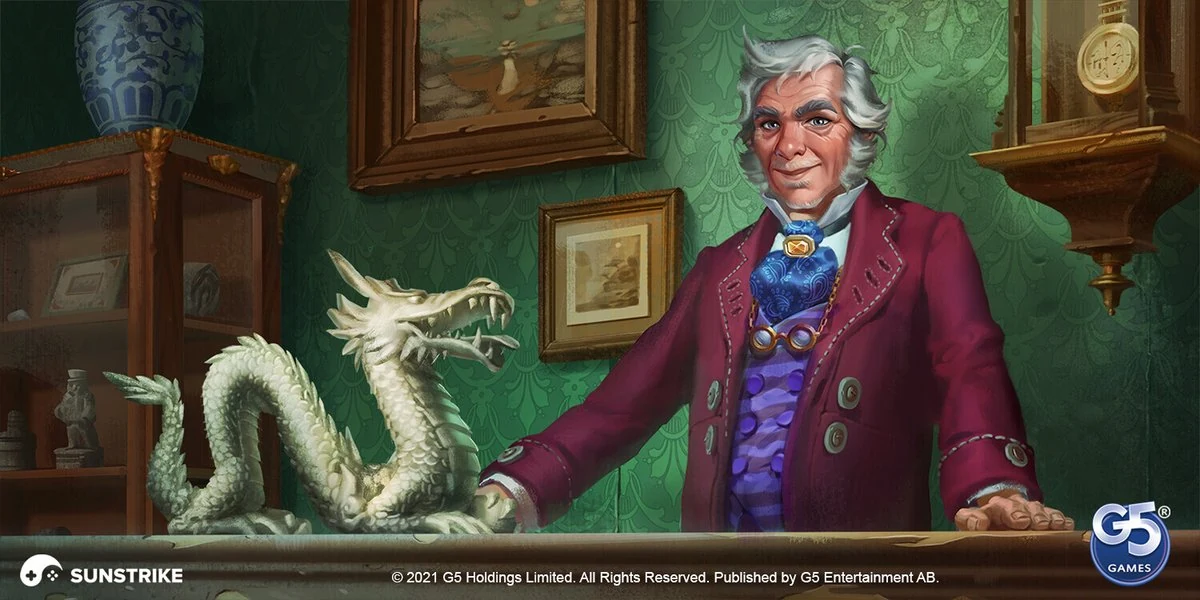 Victorian gentleman with dragon sculpture - 2D character art for G5 Games by SunStrike Studios