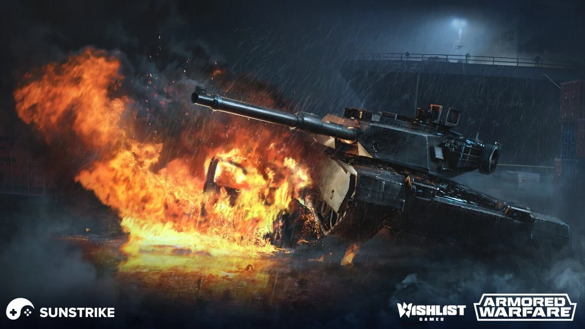 Burning tank key art - game art production outsourcing for Armored Warfare by SunStrike Studios
