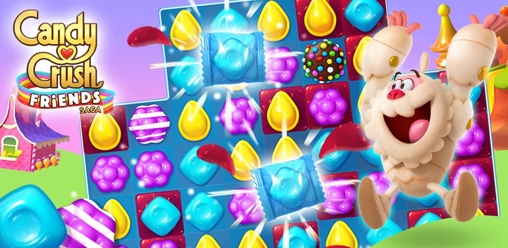 Stylized puzzle game cover artwork featuring colorful geometric tiles, glowing match-3 grid pieces, and playful icons set against a vibrant gradient background