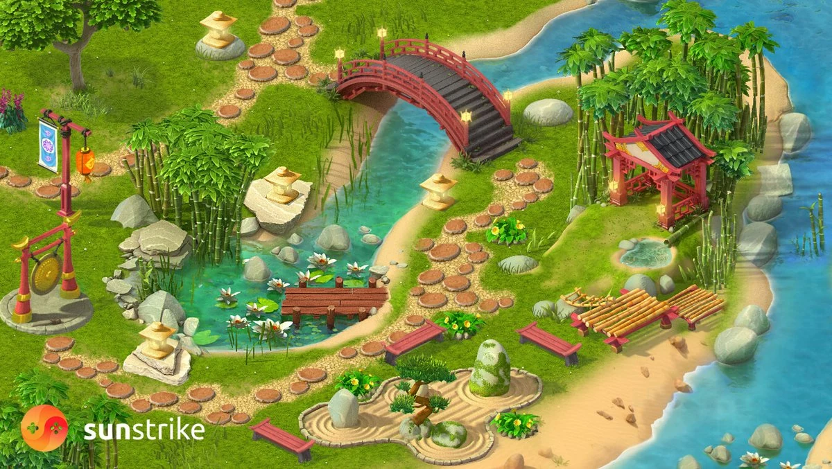 Stylized 2D mobile game garden background with red wooden bridge over teal pond, lotus flowers, bamboo, lanterns and zen garden stones