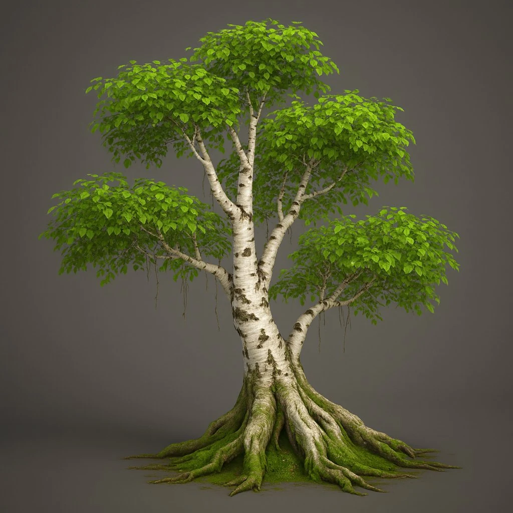 Painted study of a young birch tree with white peeling bark and bright green canopy lobes against a neutral grey background