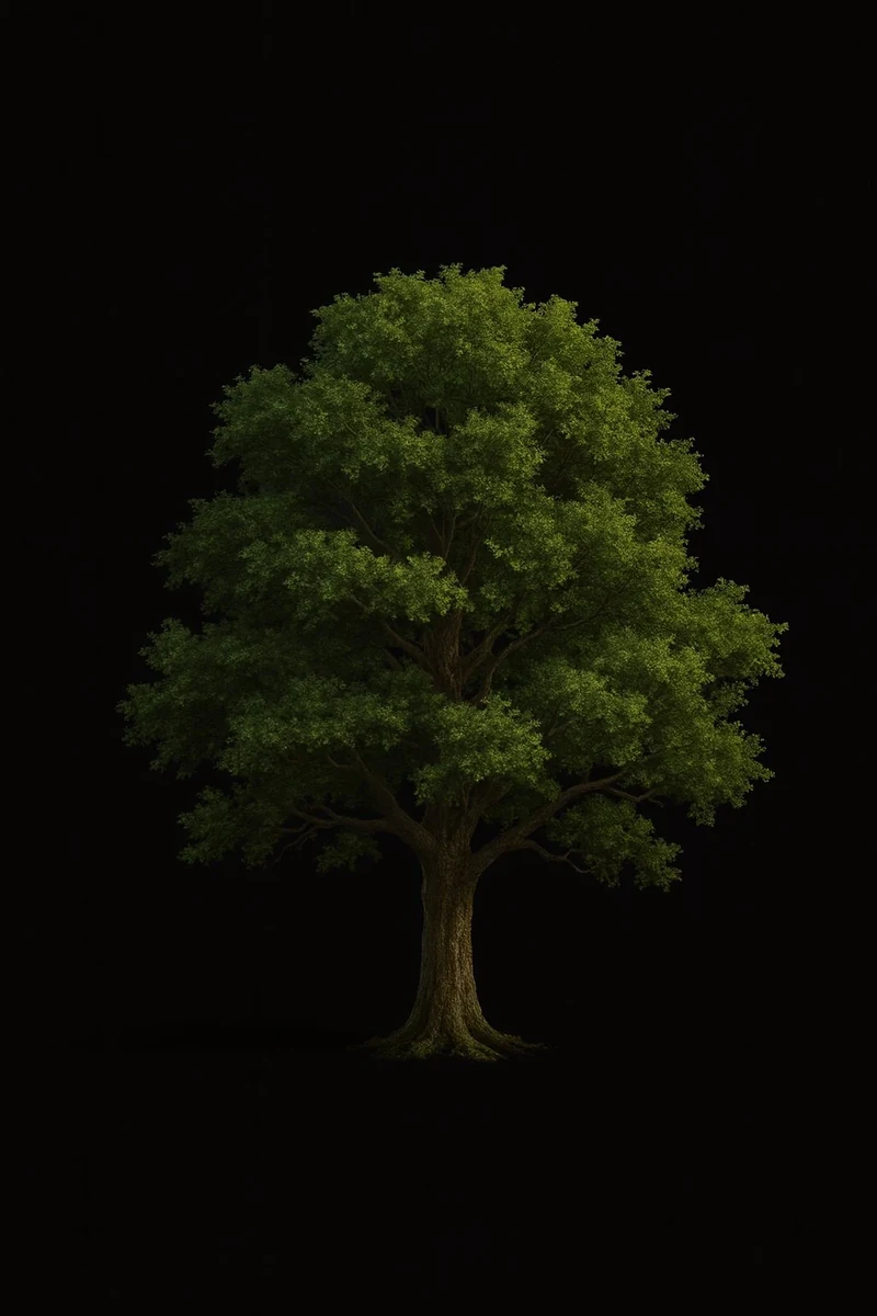 Painted oak tree centred against a dark background with a balanced rounded canopy carved into clear light and shadow lobes