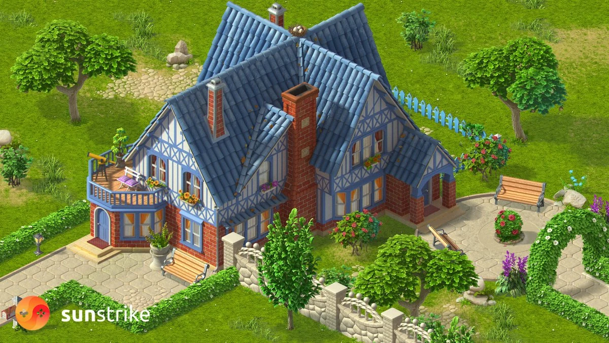 Mobile game asset of a blue-roofed half-timbered manor house with brick chimneys, wraparound balcony and a flower-filled garden on green lawn