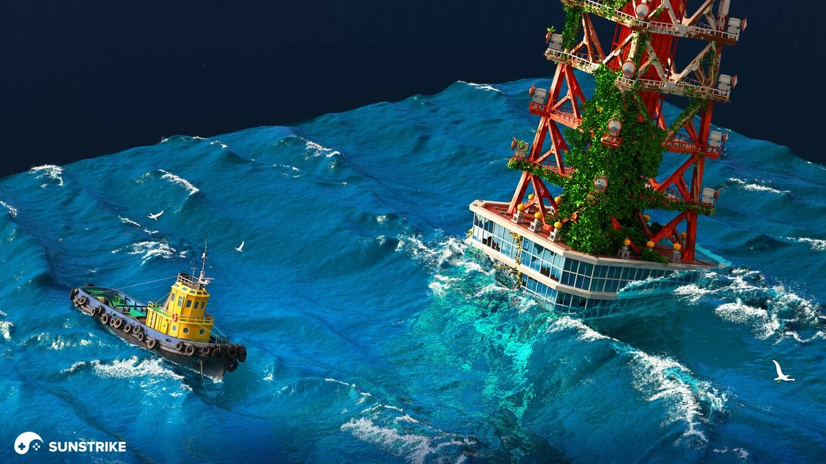 3D rendered ocean scene with a small yellow tugboat and a crimson light tower draped in green vines on dark blue water