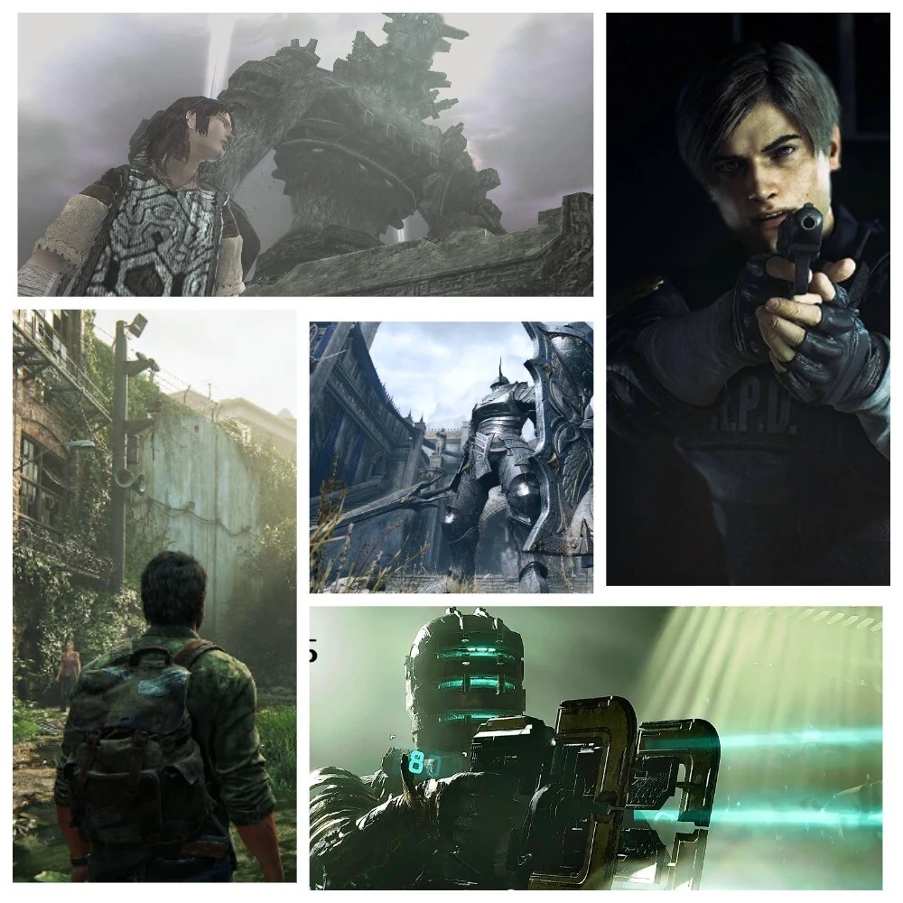 Collage of remake screenshots: Shadow of the Colossus protagonist near a colossus, Resident Evil 2 Leon Kennedy with handgun, The Last of Us Joel in ruins, Demon's Souls knight, Dead Space Isaac with plasma cutter