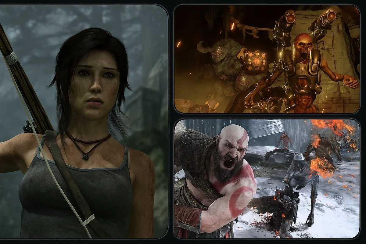 Reboot triptych of Tomb Raider Lara Croft with a bow, DOOM Slayer fighting demons, and God of War Kratos roaring beside Atreus in snowy combat
