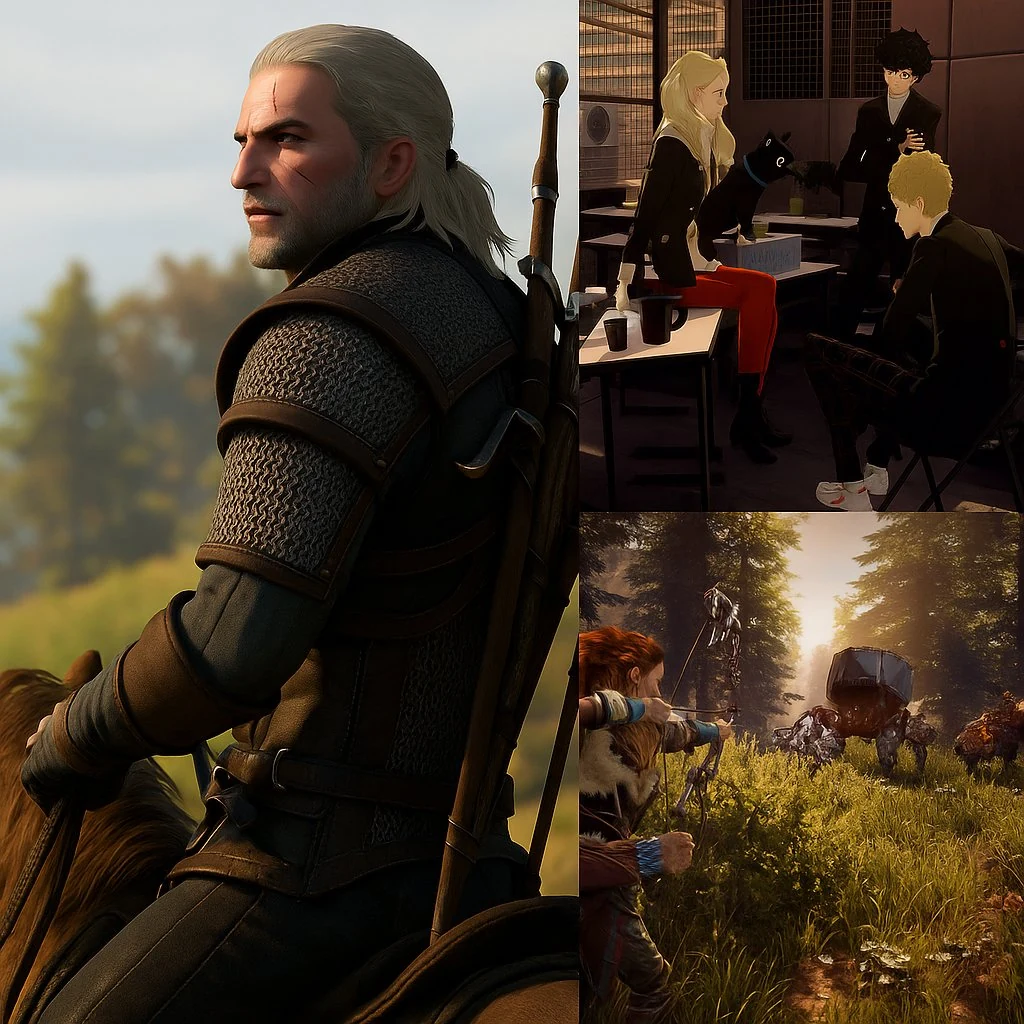 Port collage with Witcher 3 Geralt portrait, Persona 5 Royal cafe scene, and Horizon Zero Dawn Aloy stalking a robotic dinosaur in a meadow