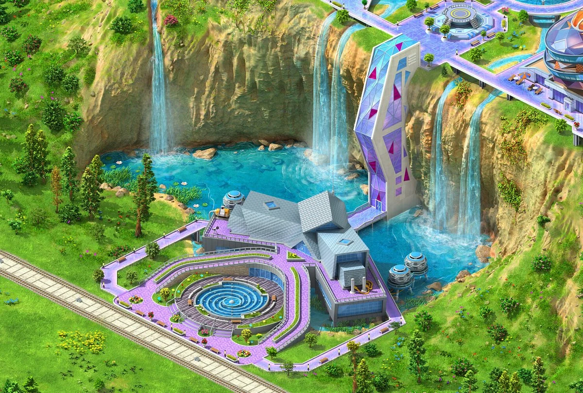 Stylized 2D Megapolis location with cascading waterfalls, lavender ramps, a crystal pavilion, and lush green trees on a city plateau, video game backgrounds
