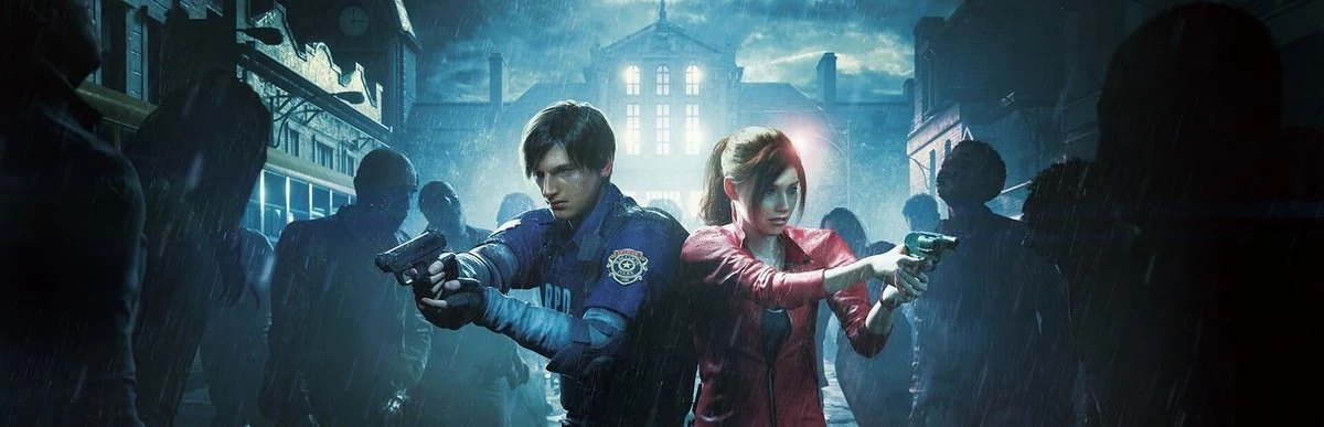 Resident Evil 2 cinematic key art of Leon Kennedy and Claire Redfield aiming pistols on a rainy Raccoon City street surrounded by zombie silhouettes