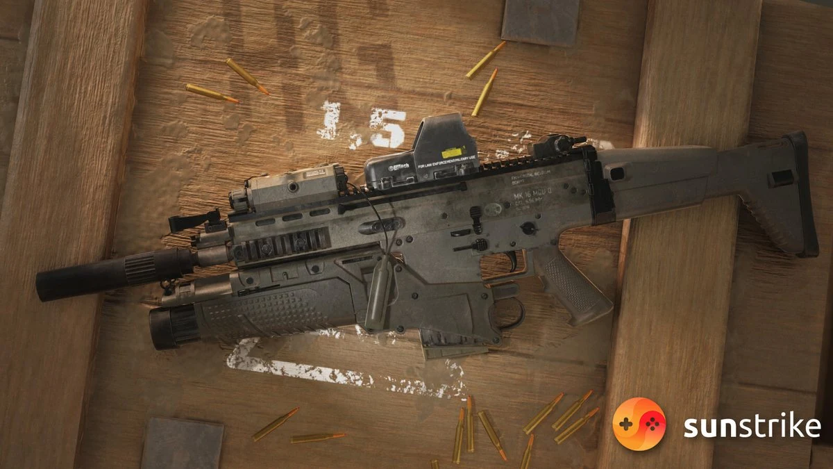 3D rendered MK 16 Mod 0 assault rifle with suppressor and red dot sight on a wooden crate scattered with spent rifle casings, game weapon prop art