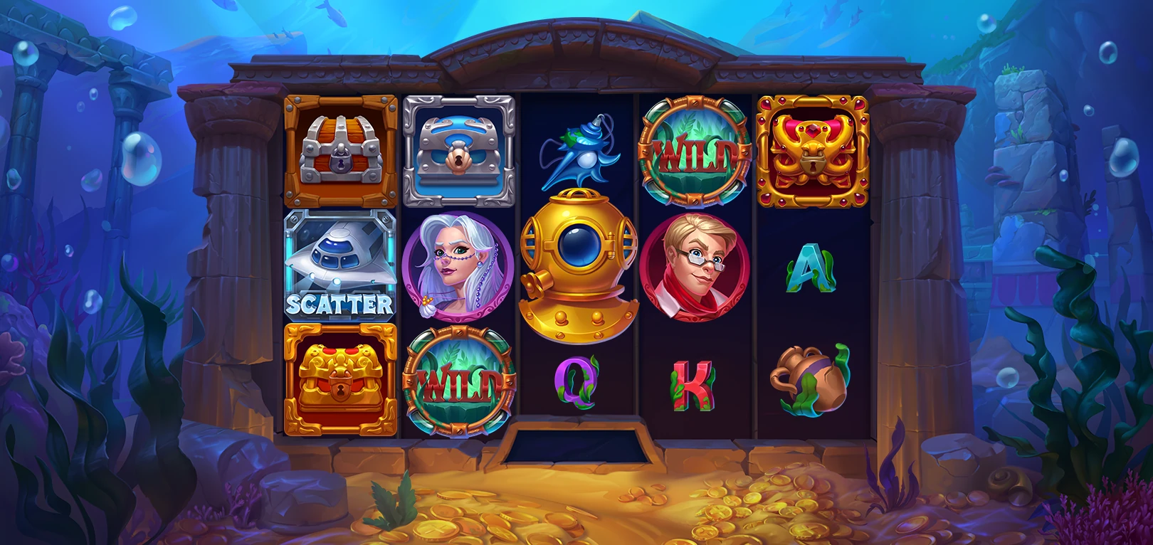Atlantis slot machine art: five-reel grid with wild, scatter and diver symbols over an underwater temple by SunStrike Studios