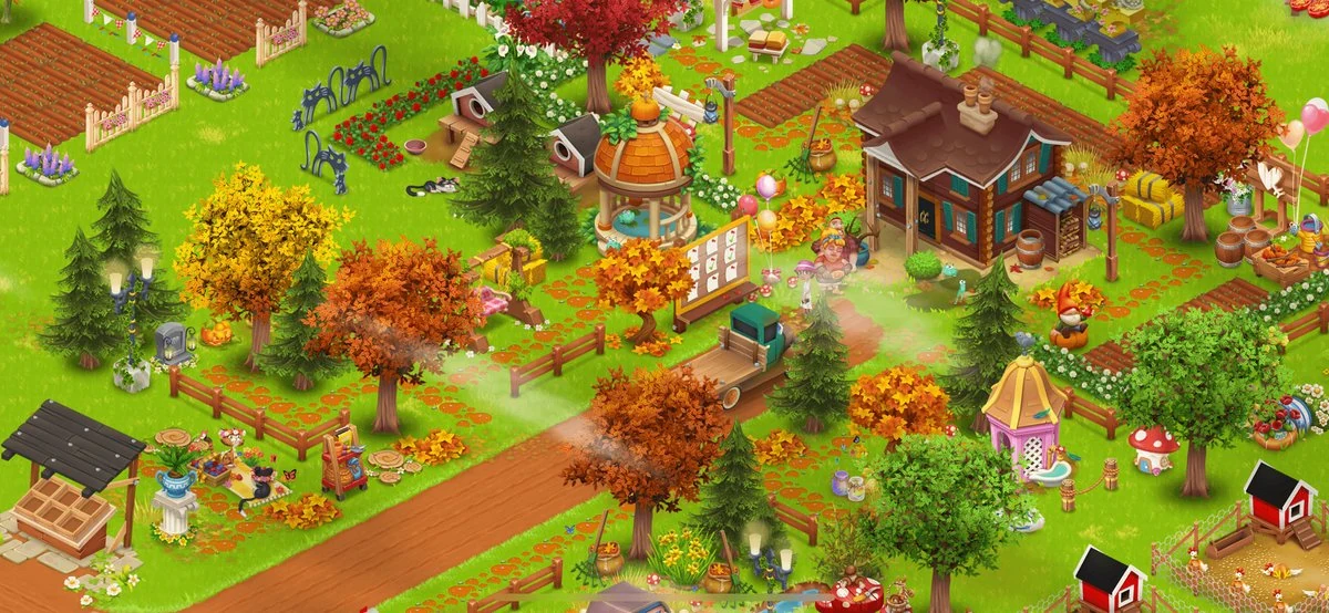 Colorful stylized 2D mobile game scene with cartoon characters, vibrant props and exaggerated proportions illustrating playful mobile art direction
