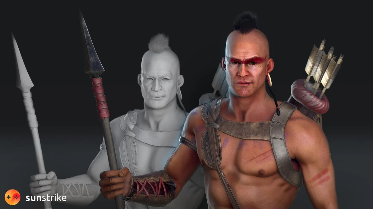 Native American warrior 3D character with mohawk, war paint, leather harness and quiver of arrows shown in textured render alongside grey untextured high-poly sculpt holding a spear