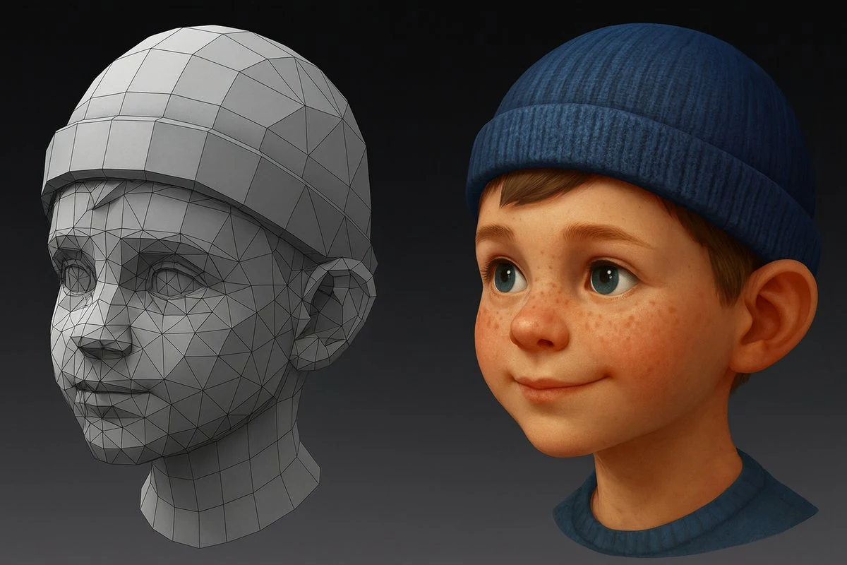 Stylized cartoon boy 3D character with blue beanie hat and freckled face shown next to grey wireframe head model demonstrating quad topology for facial animation
