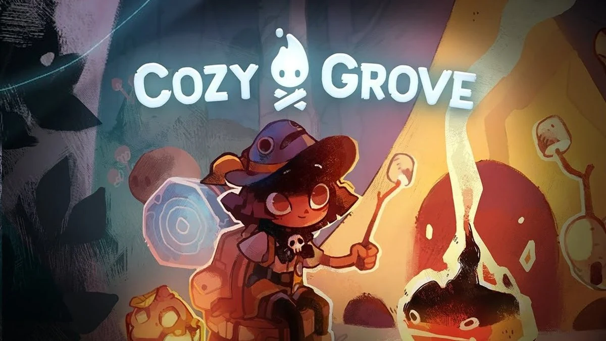 Cozy Grove key art - witch-hat character with glowing magic shield and wand, painterly 2D game art with warm campfire glow