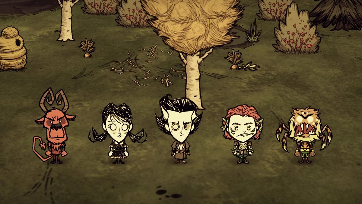Don't Starve Together character lineup - five hand-drawn 2D characters with Tim Burton-style silhouettes against birch forest