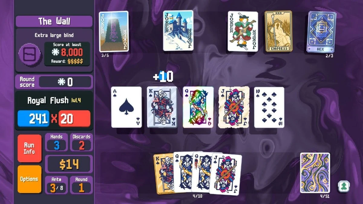 Balatro deckbuilder gameplay screenshot - poker hand of Royal Flush spread across purple swirling background with Joker cards above and HUD showing The Wall blind