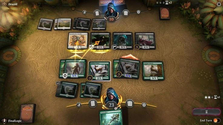 Hearthstone digital card game gameplay - hexagonal board with minions, spells and hero portraits