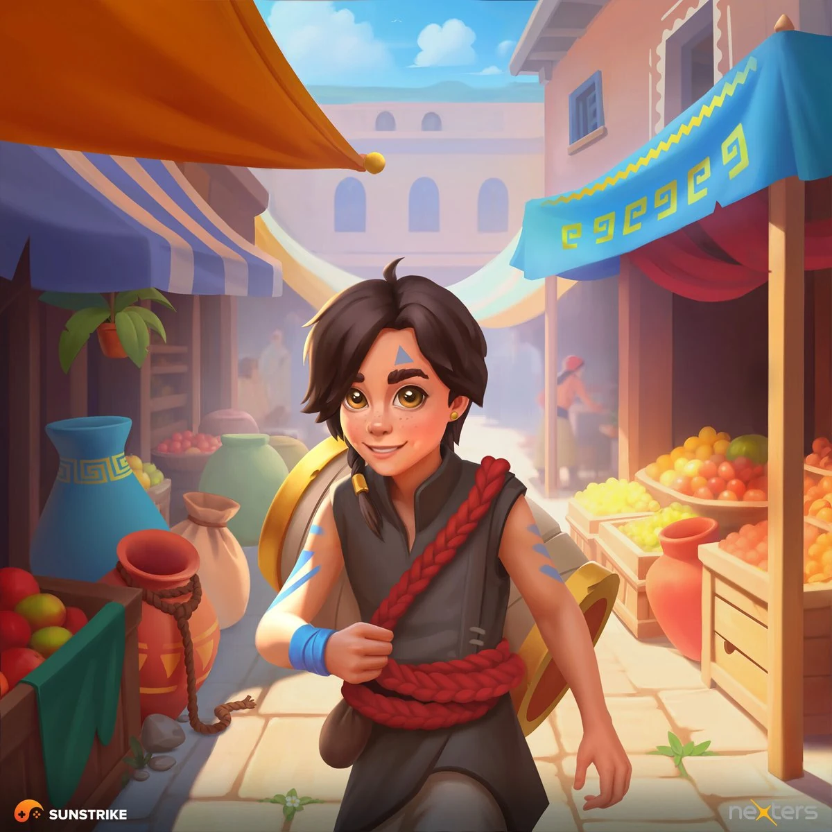 Young protagonist character with red rope sash walking through a sunlit Mediterranean marketplace with fruit stalls and pottery - 2D illustration for Puzzle Odyssey by Nexters